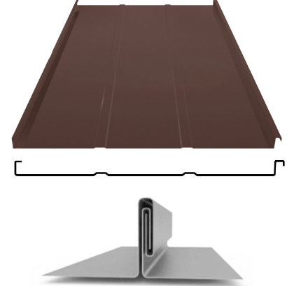 Фальцевая панель ЮджинСТрой фальц двойной стоячий с ребрами 625/520мм Полиэстер 0.5мм RAL 8017 (коричневый)