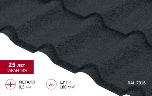 Металлочерепица "Камея" ("Kamea") v02 0,5 Satin Matt RAL 7016 антрацитово-серый