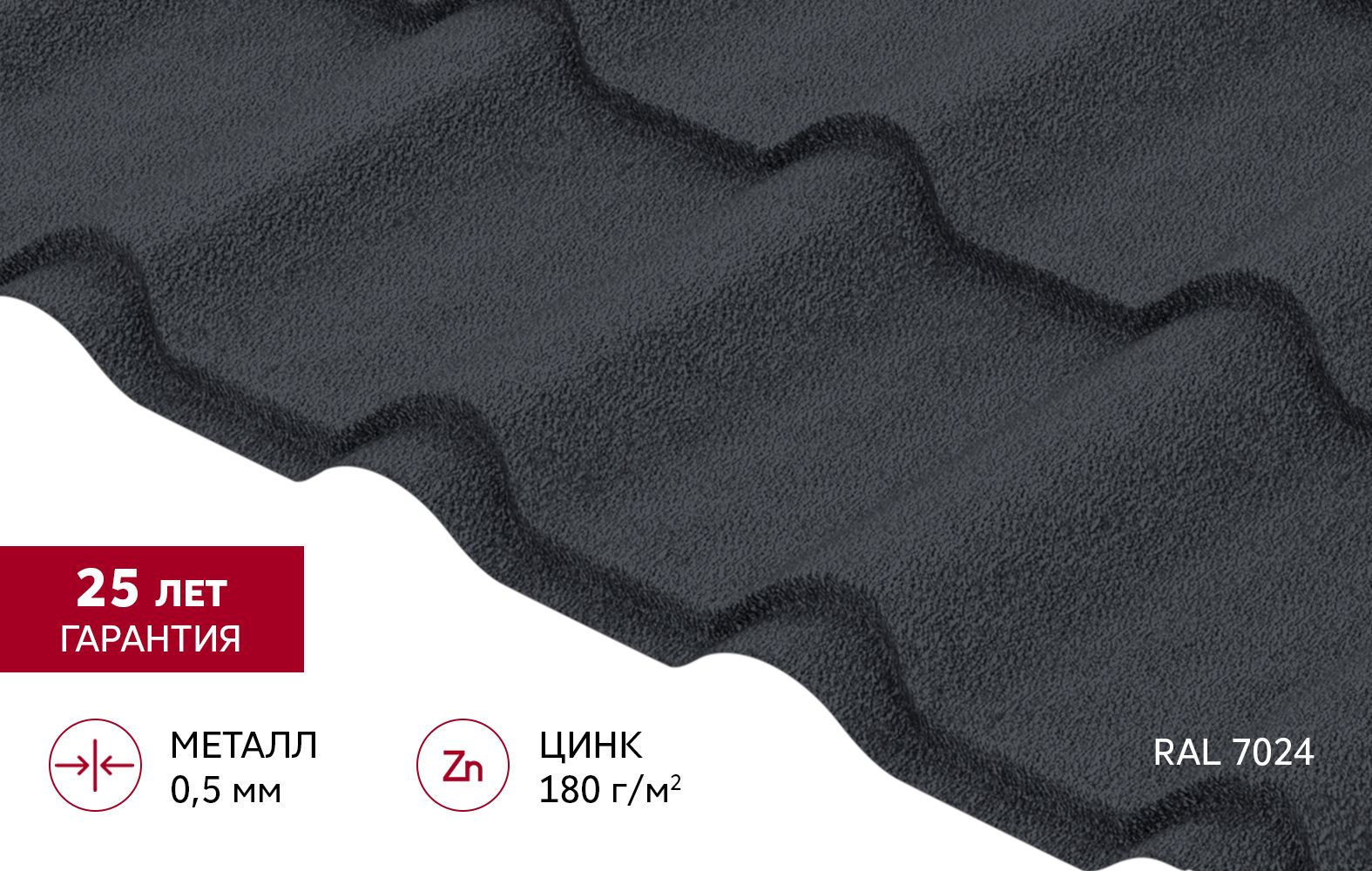 Металлочерепица "Камея" ("Kamea") v02 0,5 Satin Matt RAL 7024 мокрый асфальт