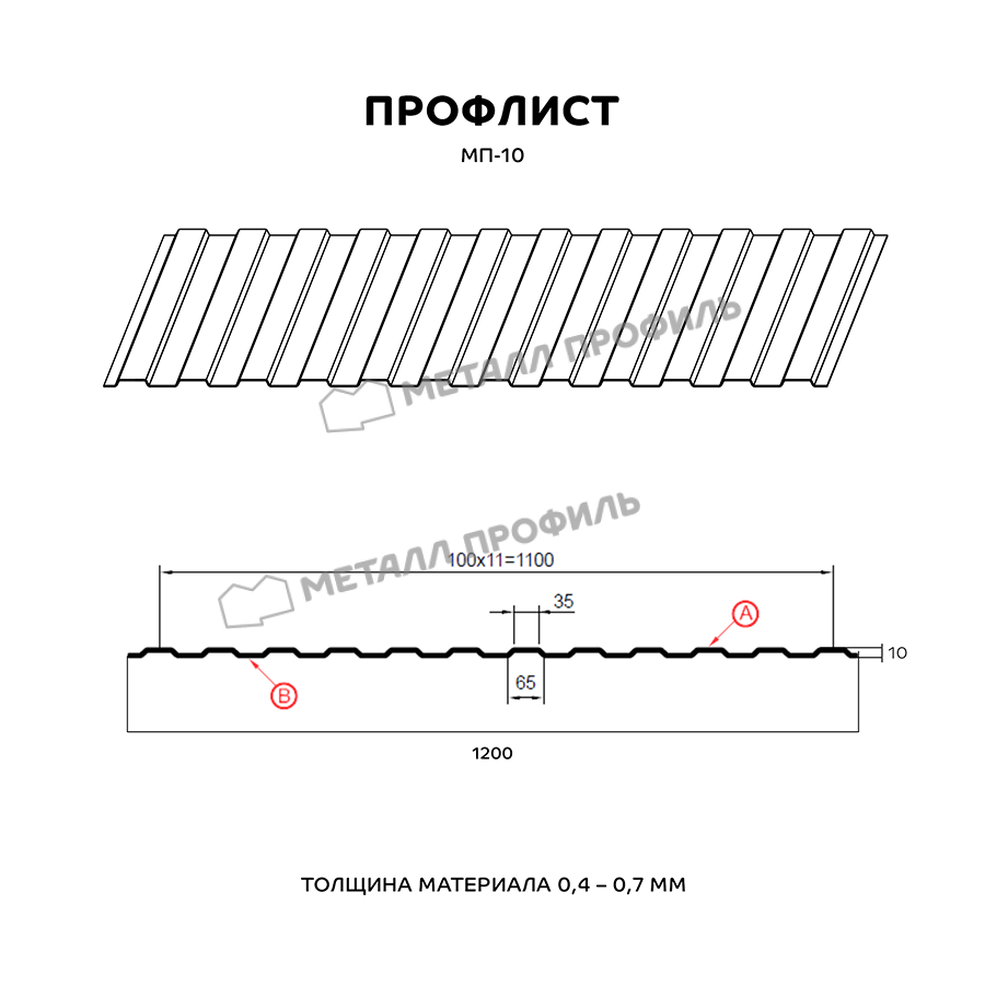 Профлист МЕТАЛЛ ПРОФИЛЬ МП-10х1100 (ПЭ-01-9001-0.55)