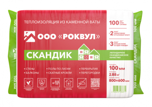 Утеплитель РОКВУЛ Лайт Баттс Скандик 800х600х100 (6шт/пач. 2,88м2, 0,288м3, 36пач/пал)