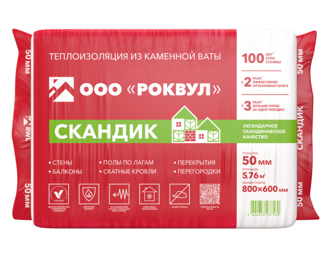 Утеплитель РОКВУЛ Лайт Баттс Скандик 800х600х50 (12шт/пач. 5,76м2, 0,288м3, 24пач/пал)