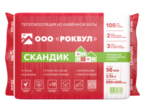 Утеплитель РОКВУЛ Лайт Баттс Скандик 800х600х50 (12шт/пач. 5,76м2, 0,288м3, 24пач/пал)