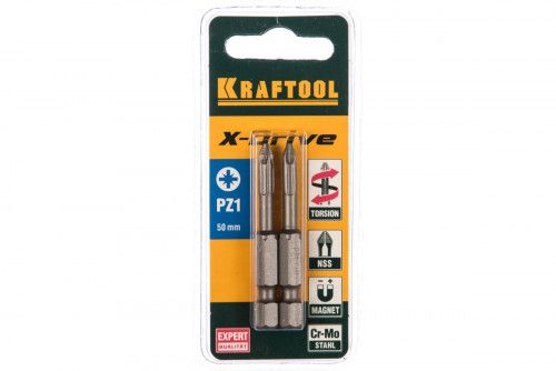 Биты PZ1 Kraftool Еxpert 50 мм, тип хвостовика E 1/4″, 2 шт в блистере (26123-1-50-2)