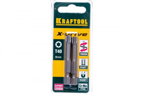 Биты Т40 Kraftool X-Drive, E 1/4", 50мм, Cr-Mo, торсионные, кованные, 2 шт (26125-40-50-2)