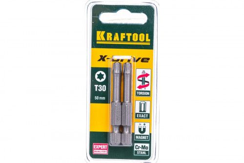 Биты Т30 Kraftool X-Drive, E 1/4", 50мм, Cr-Mo, торсионные, кованные, 2 шт (26125-30-50-2)