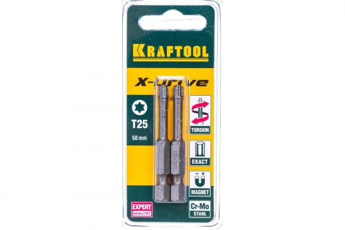 Биты Т25 Kraftool X-Drive, E 1/4", 50мм, Cr-Mo, торсионные, кованные, 2 шт (26125-25-50-2)