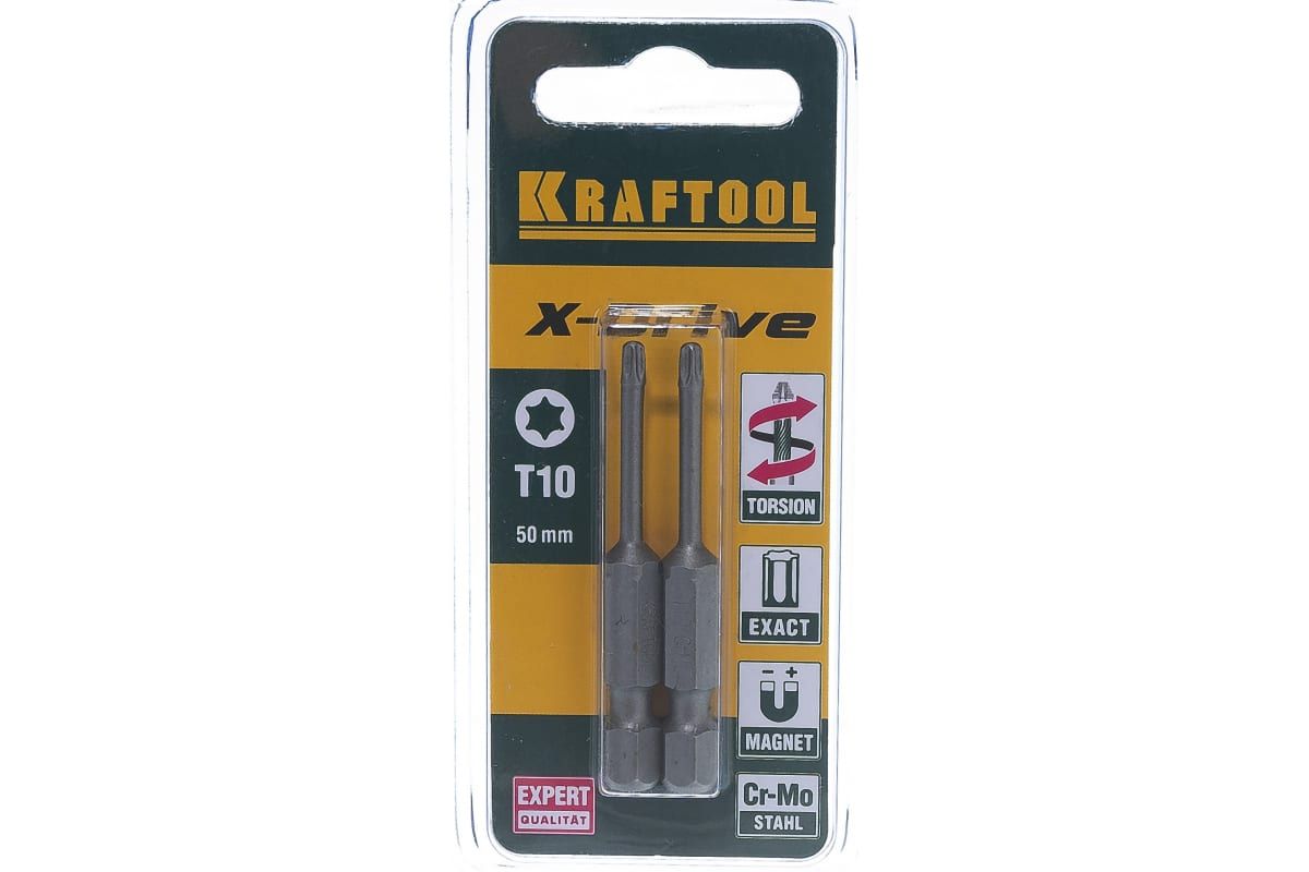 Биты Т10 Kraftool X-Drive, E 1/4", 50мм, Cr-Mo, торсионные, кованные, 2 шт (26125-10-50-2)