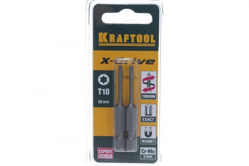 Биты Т10 Kraftool X-Drive, E 1/4", 50мм, Cr-Mo, торсионные, кованные, 2 шт (26125-10-50-2)