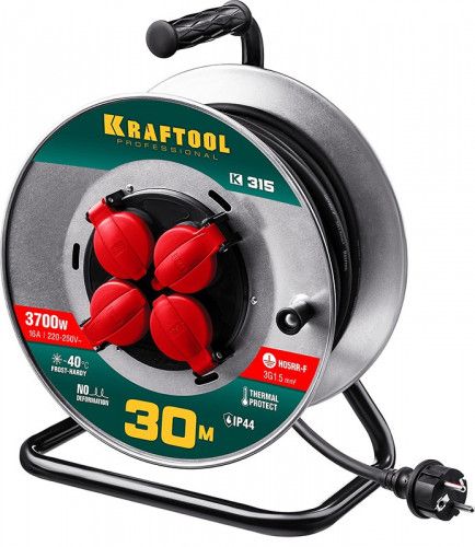 Удлинитель на катушке Kraftool К-315, 30м, 3700Вт, 4 гнезда, IP44, КГ 3x1,5кв мм (55085-30_z01)